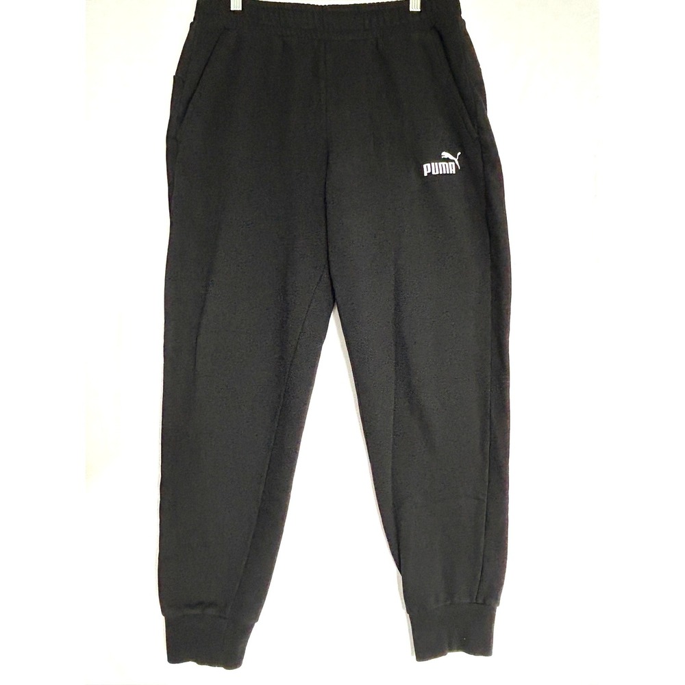 Puma Mens Fleece Lined Jogger Sweatpants Black White Logo Size Large